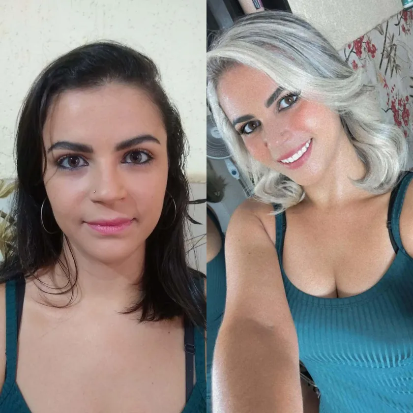 Antes e depois: cabelo escuro transformado em loiro platinado por Gleice Carrion