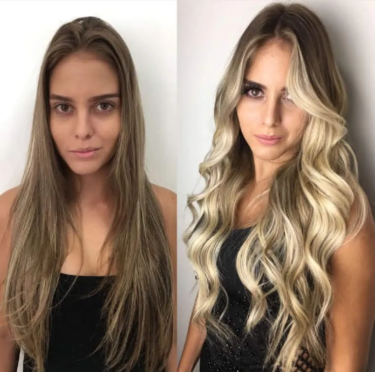 Antes e depois: loiro dourado com ondas por Gleice Carrion